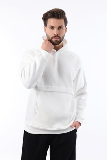 Ekru Kapüşonlu Cep Detaylı Erkek Sweatshirt 7092