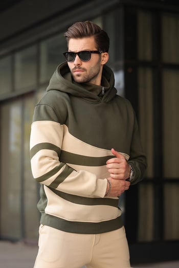 Haki Kapüşonlu Fermuar Yaka Desenli Erkek Sweatshirt E7162