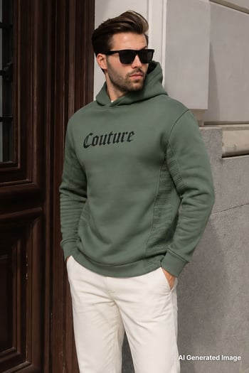 Haki Kapüşonlu Cep Detaylı Baskılı Erkek Sweatshirt 7090