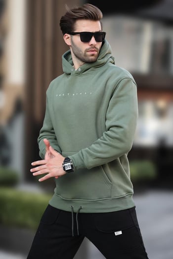 Haki Kapüşonlu Baskılı Erkek Sweatshirt 7077
