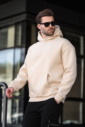 Bej Kapüşonlu Kanguru Cep Erkek Sweatshirt E7169