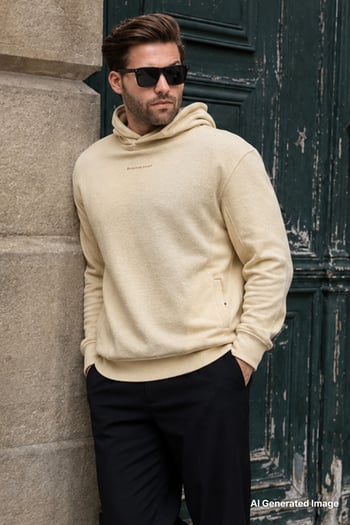 Bej Kapüşonlu Cep Detaylı Nakışlı Erkek Sweatshirt 7050