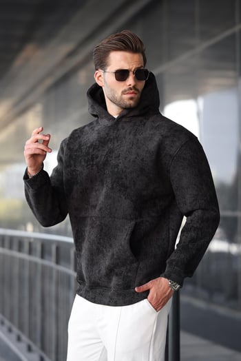 Siyah Desenli Kapüşonlu Erkek Sweatshirt E7167