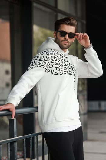 Ekru Baskılı Kapüşonlu Erkek Sweatshirt E7160