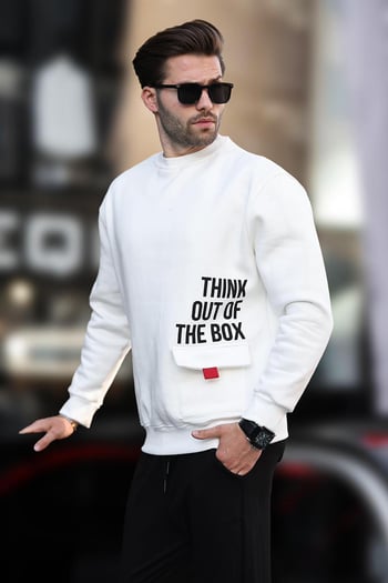 Ekru Bisiklet Yaka Şardonlu Cep Detaylı Baskılı Erkek Sweatshirt 7061