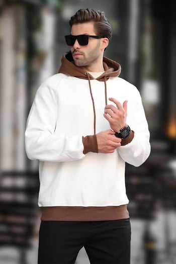 Ekru Renk Bloklu Kapüşonlu Sweatshirt 7073