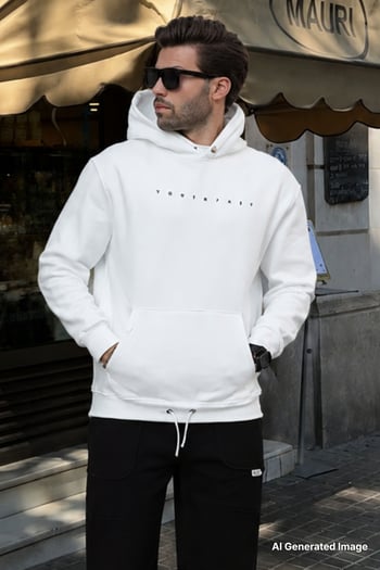 Ekru Kapüşonlu Baskılı Erkek Sweatshirt 7077