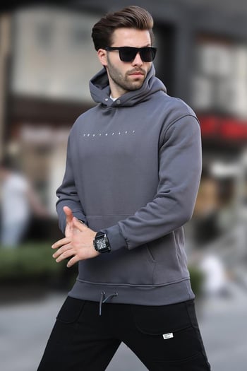 Füme Kapüşonlu Baskılı Erkek Sweatshirt 7077