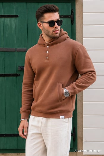 Kahverengi Kapüşonlu Düğme Detaylı Sweatshirt 6150