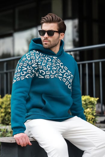 Petrol Yeşili Baskılı Kapüşonlu Erkek Sweatshirt E7160