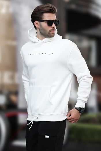 Ekru Kapüşonlu Baskılı Erkek Sweatshirt 7077