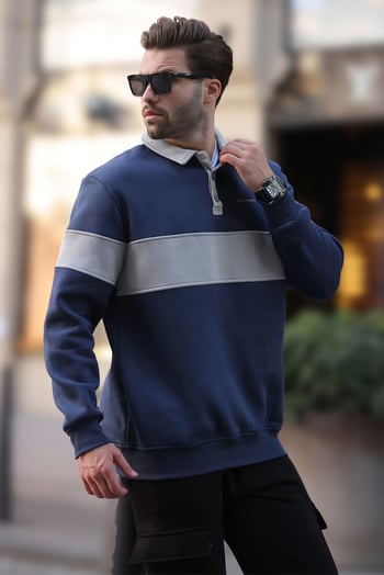 Lacivert Polo Yaka Renk Bloklu Erkek Sweatshirt 7072