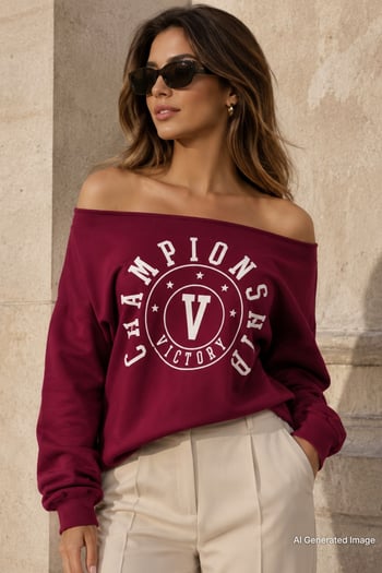 Bordo Kayık Yaka Baskılı Kadın Sweatshirt MG2205