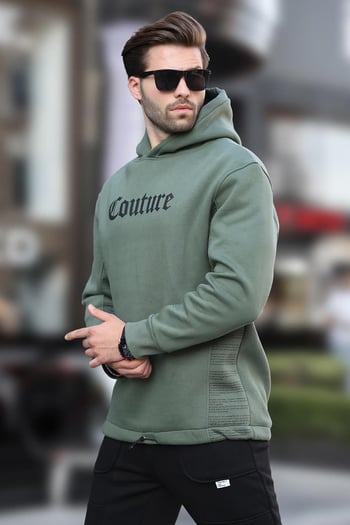 Haki Kapüşonlu Cep Detaylı Baskılı Erkek Sweatshirt 7090