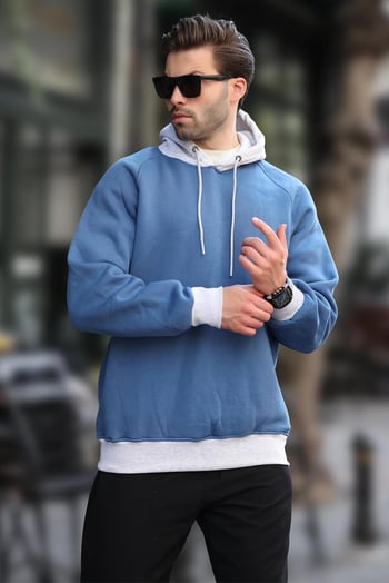 İndigo Renk Bloklu Kapüşonlu Sweatshirt 7073