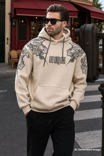 Bej Kapüşonlu Cep Detaylı Baskılı Erkek Sweatshirt 7052