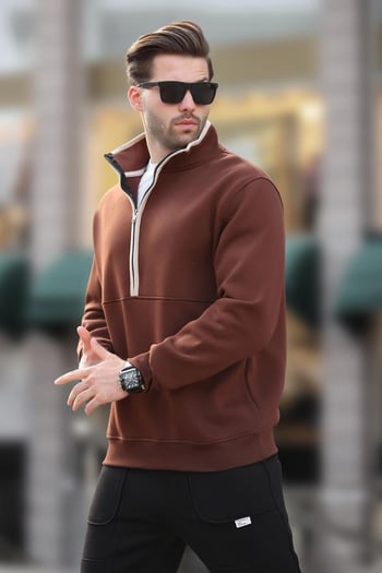 Acı Kahverengi Dik Yaka Yarım Fermuarlı Sweatshirt 7079