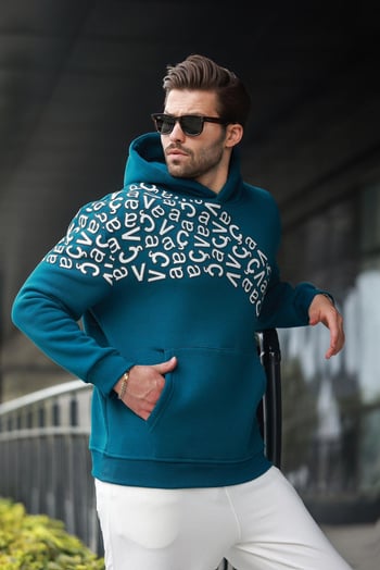 Petrol Yeşili Baskılı Kapüşonlu Erkek Sweatshirt E7160