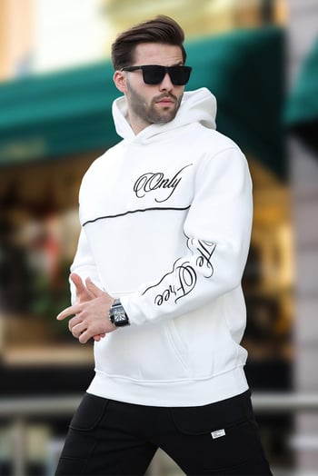 Ekru Kapüşonlu Şerit Detaylı Baskılı Erkek Sweatshirt 7091