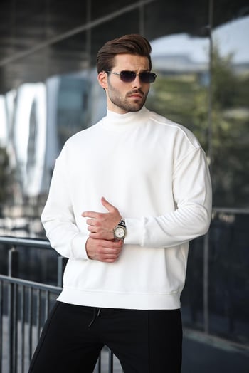 Ekru Yarım Balıkçı Yaka Erkek Basic Sweatshirt E7158