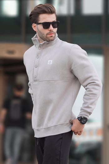 Boyalı Gri Dik Yakalı Düğme Detaylı Erkek Sweatshirt 7060