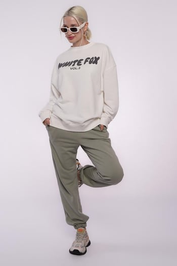 Ekru Bisiklet Yaka Baskılı Sweatshirt MG1904