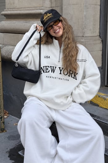 Ekru Yarım Fermuarlı Baskılı Sweatshirt MG2240