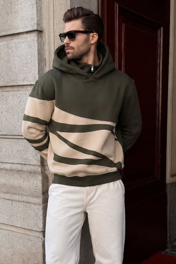 Haki Kapüşonlu Fermuar Yaka Desenli Erkek Sweatshirt E7162