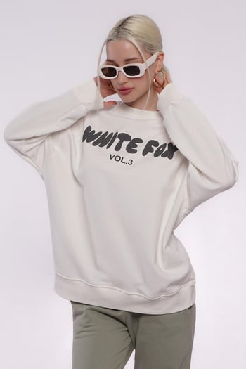 Ekru Bisiklet Yaka Baskılı Sweatshirt MG1904