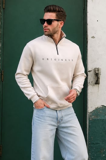 Beige Embroided Zip Neck Sweatshirt 6028