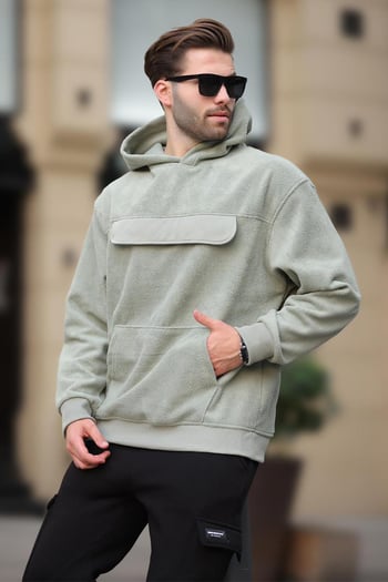Çağla Yeşili Kapüşonlu Kapaklı Cep Detaylı Polar Erkek Sweatshirt 7097