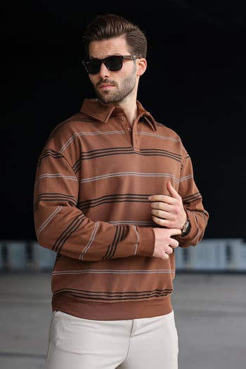 Kahverengi Çizgili Polo Yaka Erkek Sweatshirt E7172