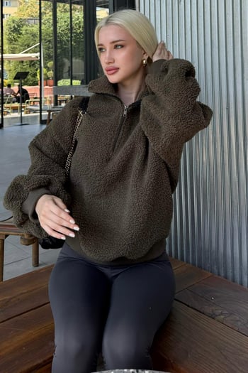 Haki Peluş Fermuar Yaka Sweatshirt MG1413