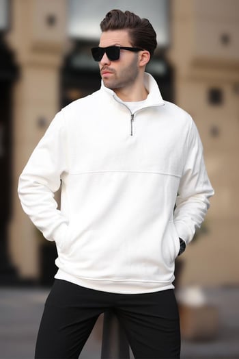 Ekru Dik Yaka Yarım Fermuarlı Polar Sweatshirt 7096