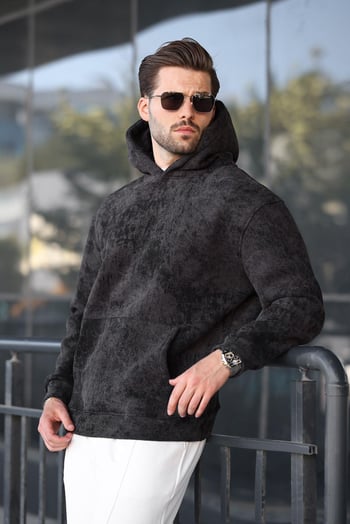 Siyah Desenli Kapüşonlu Erkek Sweatshirt E7167