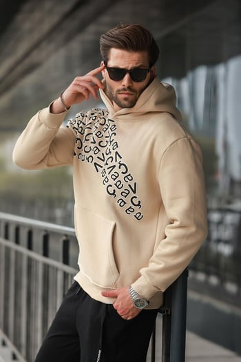 Bej Baskılı Kapüşonlu Erkek Sweatshirt E7160