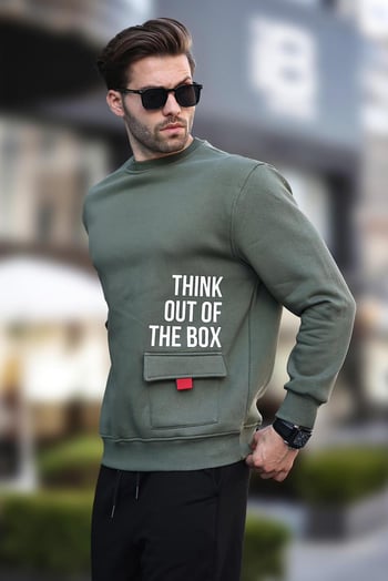 Haki Bisiklet Yaka Şardonlu Cep Detaylı Baskılı Erkek Sweatshirt 7061