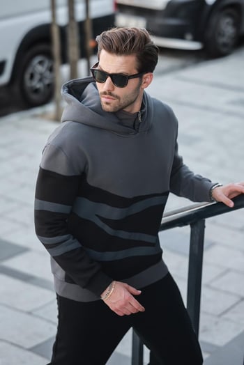 Füme Kapüşonlu Fermuar Yaka Desenli Erkek Sweatshirt E7162