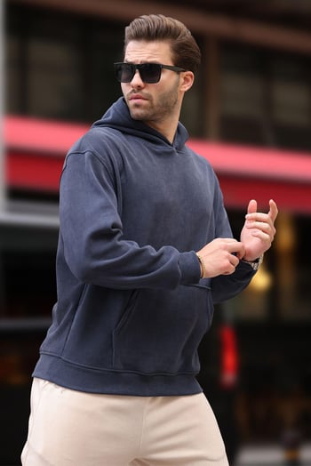 Füme Kapüşonlu Cep Detaylı Dokulu Sweatshirt E7101