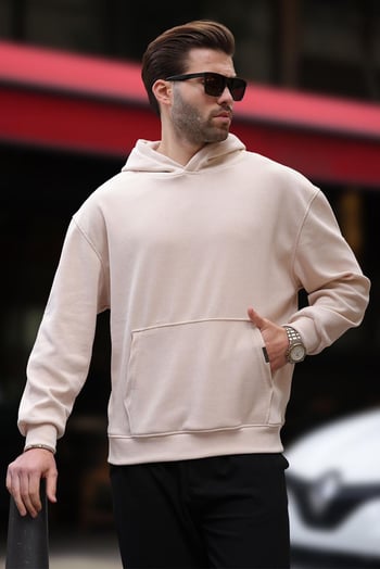Bej Kapüşonlu Cep Detaylı Dokulu Sweatshirt E7101