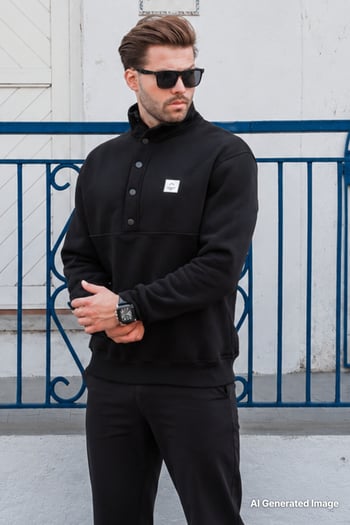 Siyah Dik Yakalı Düğme Detaylı Erkek Sweatshirt 7060