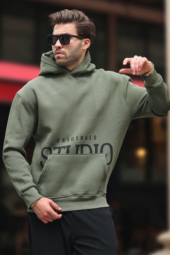 Haki Kapüşonlu Baskılı Cep Detaylı Sweatshirt E7076