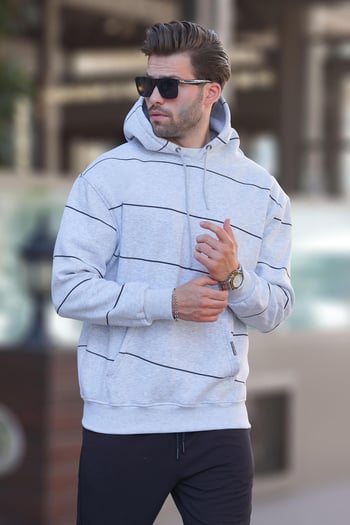 Karmelanj Kapüşonlu Cep Detaylı Çizgili Erkek Sweatshirt 7063