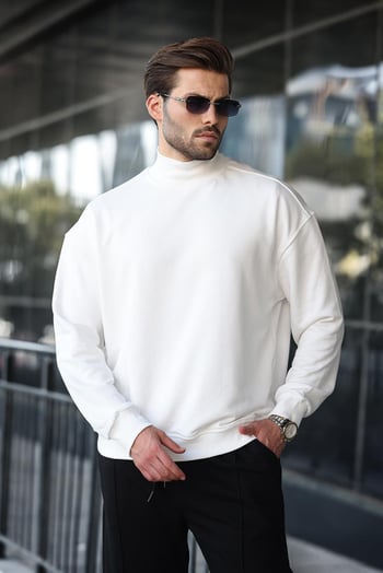 Ekru Yarım Balıkçı Yaka Erkek Basic Sweatshirt E7158