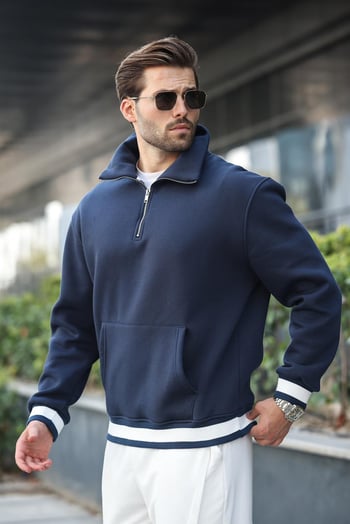Lacivert Fermuarlı Dik Yaka Kanguru Cep Erkek Sweatshirt E7159