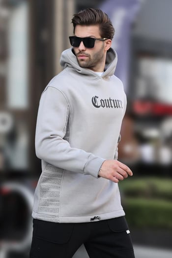 Boyalı Gri Kapüşonlu Cep Detaylı Baskılı Erkek Sweatshirt 7090