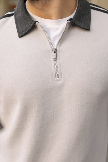 Boyalı Gri Şerit Detaylı Polo Yaka Erkek Sweatshirt E7212  