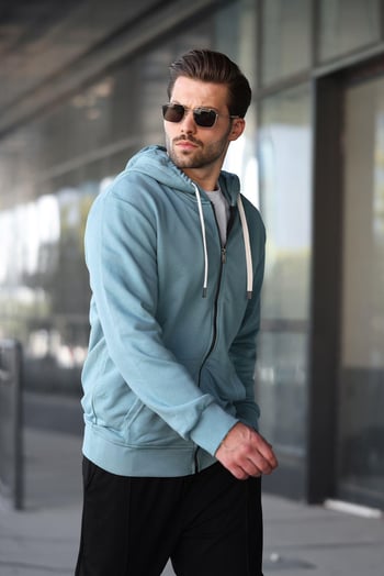 Soluk Mavi Fermuarlı Kapüşonlu Sweatshirt 6161