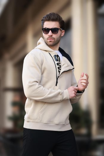 Beige Zipped Hoodie Sweatshirt 1767