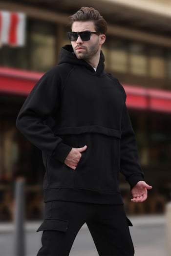 Siyah Kapüşonlu Cep Detaylı Erkek Sweatshirt 7092